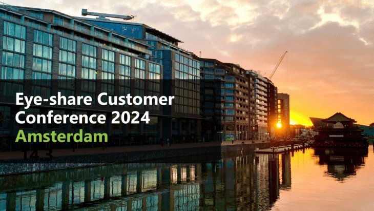 Event banner: Picture of hotel in Amsterdam in sunset with the text: eye-share Customer Conference 2024 Amsterdam